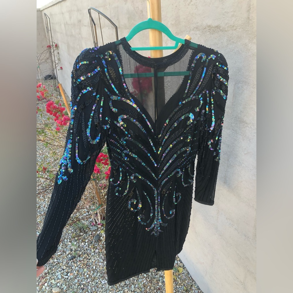 Vintage mesh sequin beaded silk mini dress with long sleeve holiday sparkle - Picture 13 of 16